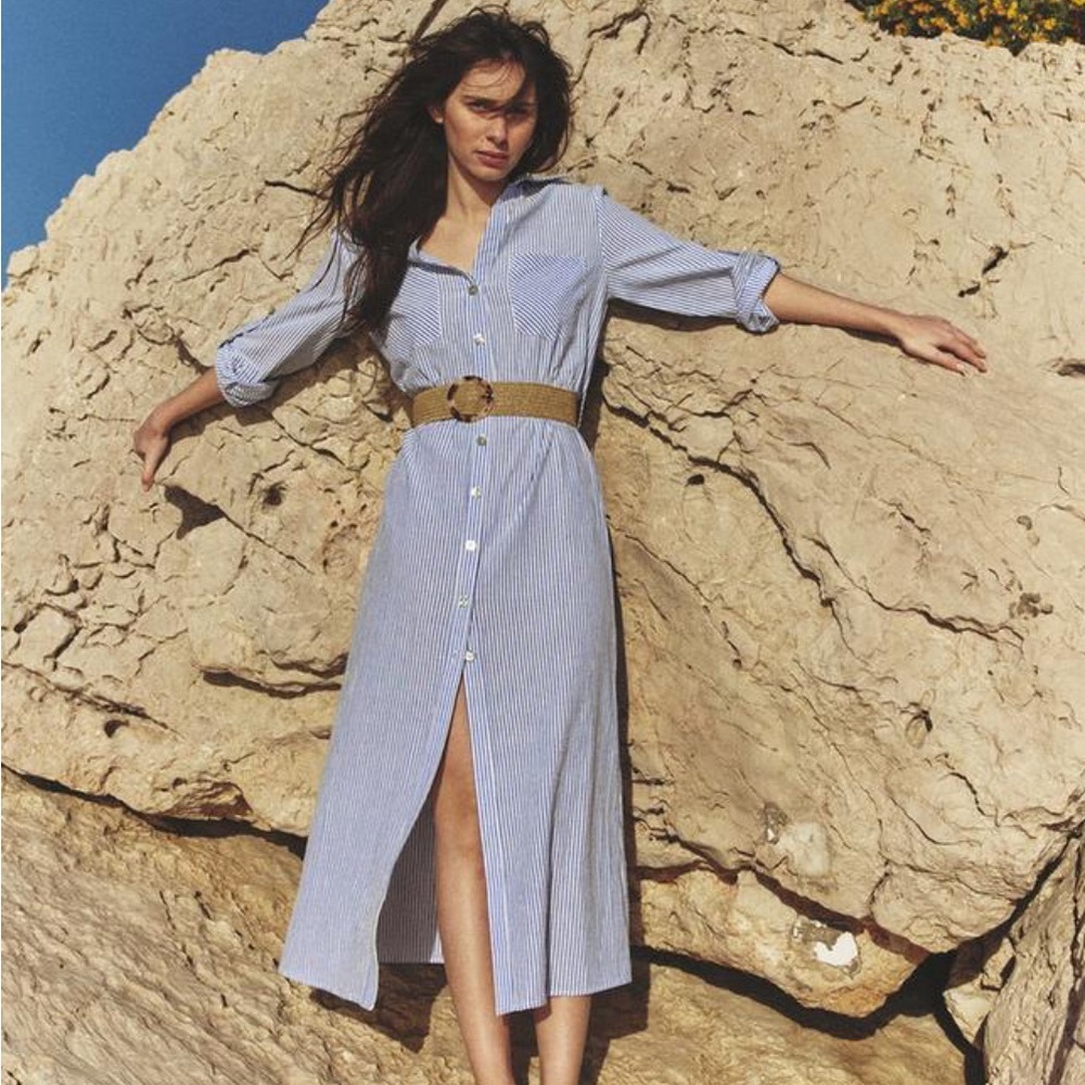 Zara- Striped belted shirt dress